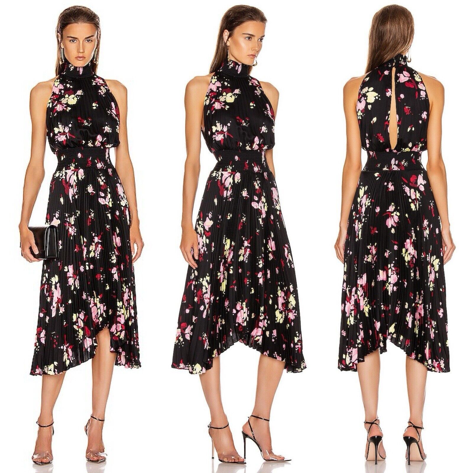 A.L.C. Floral Renzo Sleeveless Midi Pleated Smocked Dress Black 2